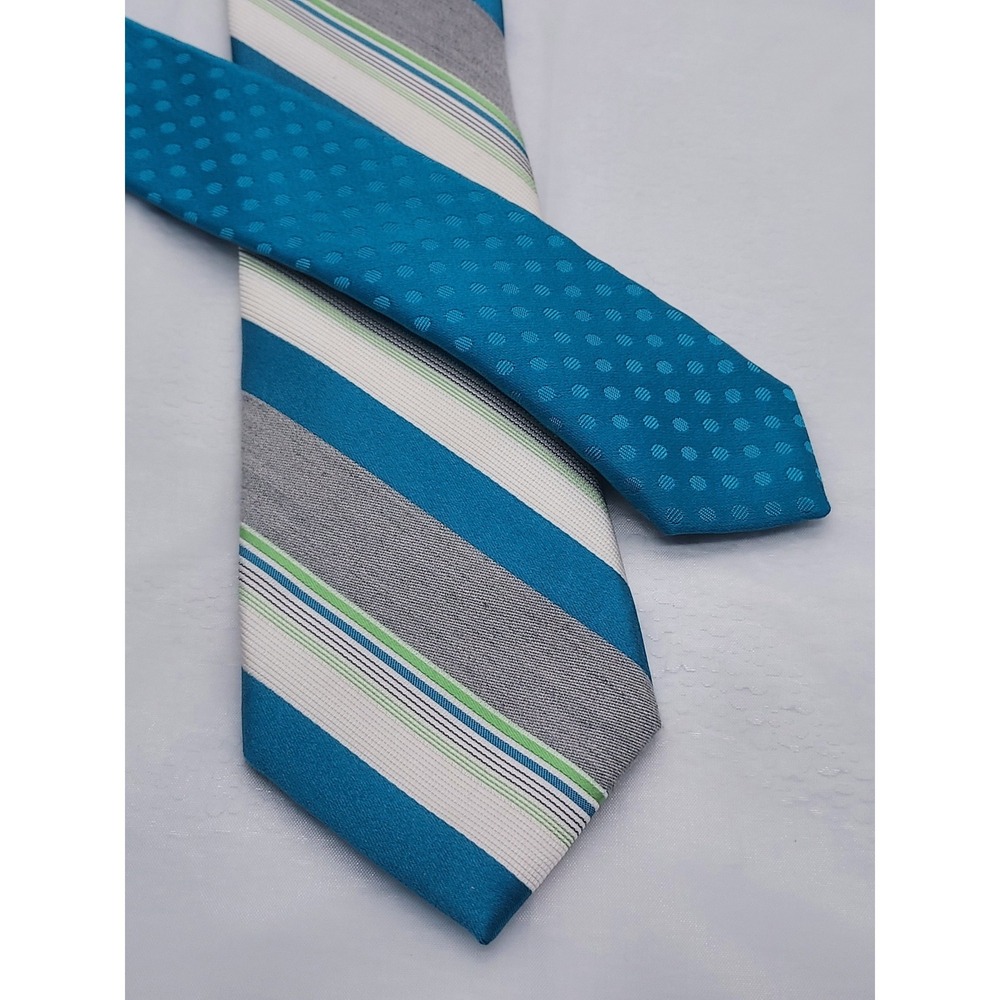 Perry Ellis Portfolio Mens Silk Blend Striped Necktie Blue Grey Green White